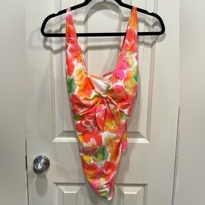Shade & Shore Pink Coral Orange Green Floral One-Piece Size L NWT